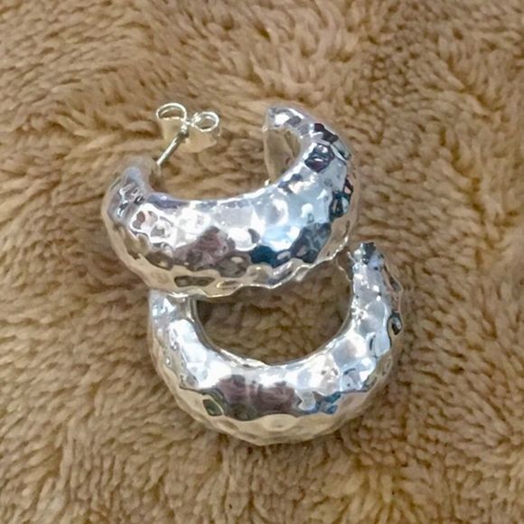 SIMON SEBBAG SSD Hammered Sterling Silver Hoops 925 Earrings - Picture 10 of 10